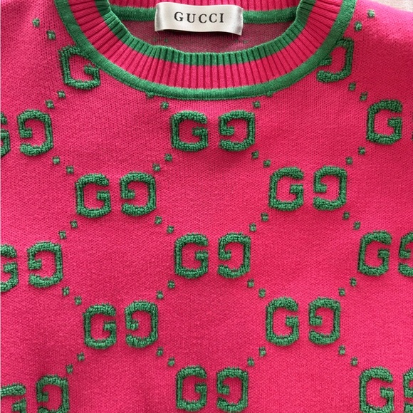 Gucci Pink Short-Sleeve GG Logo Crewneck Sweater with Green Trim - Picture 2 of 3